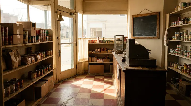 A small old corner grocery store interior with wooden shelves, a brass bell over the door and a chalk slate behind the counter