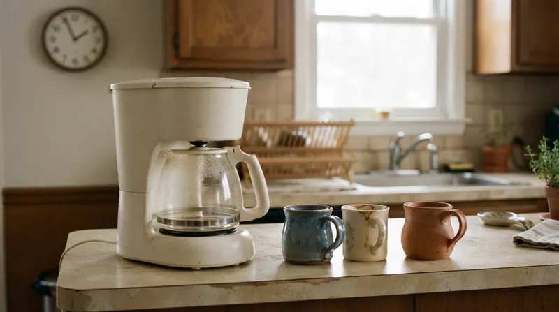 A glass coffee carafe nearly empty on a warming plate beside three used coffee mugs on a kitchen counter in late morning light