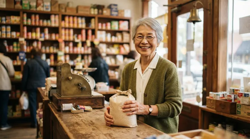 An older Japanese-American woman with silver hair in a cardigan standing at a corner store counter holding a bag of rice, smiling