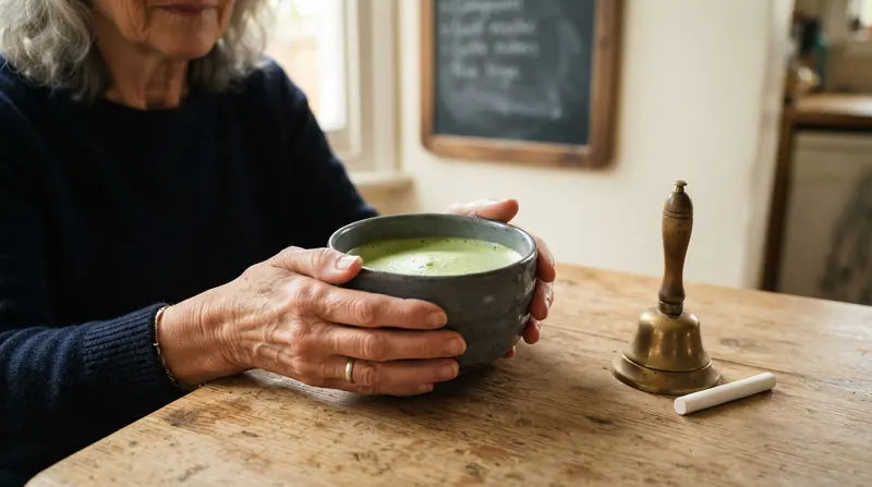 A woman's hands holding a dark ceramic bowl of green matcha at a kitchen table beside an old brass shop bell and a stick of chalk