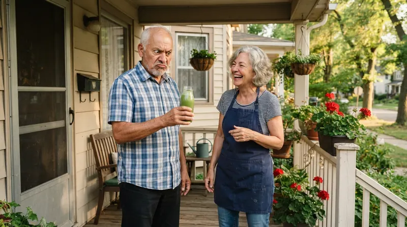 Two older neighbors talking on a front porch, one holding a glass bottle of green matcha, in late summer afternoon light