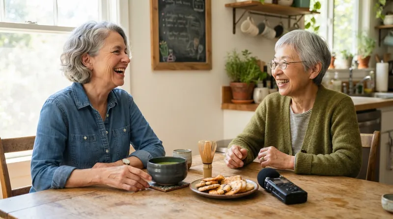 Two older women laughing at a kitchen table with a dark ceramic tea bowl, a bamboo whisk, rice crackers and a small audio recorder