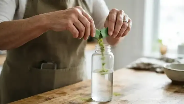 A hand tearing open a slim green matcha stick packet and pouring the powder into a glass water bottle, slow close-up