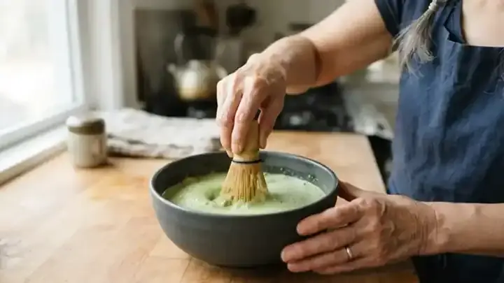 A bamboo whisk moving quickly in a dark ceramic bowl, raising a bright green foam on matcha tea, slow close-up