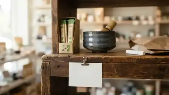 A grocery-store shelf price tag clipped to a wooden shelf edge beside a small box of green tea sticks and a dark ceramic bowl
